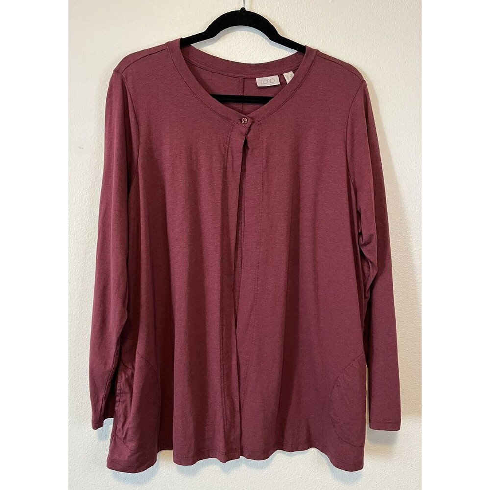 LOGO Principles By Lori Goldstein Cardigan Size 1X Burgundy One Button Pockets